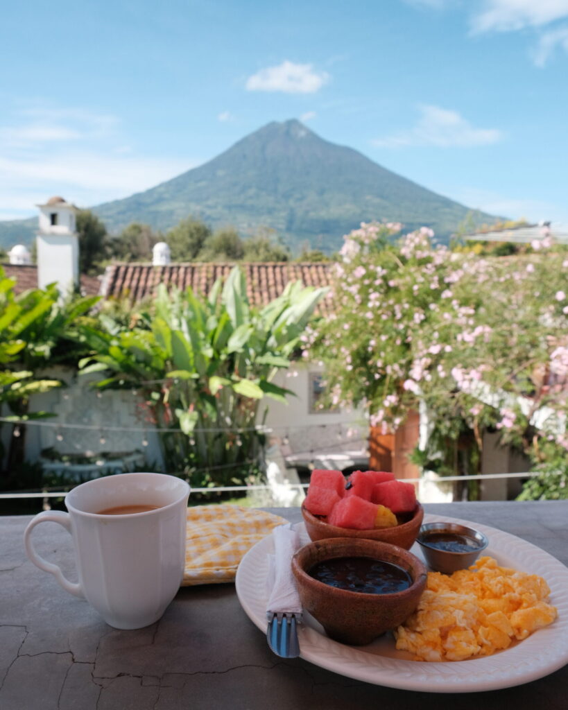 breakfast with a view of a volcano in guatemala
